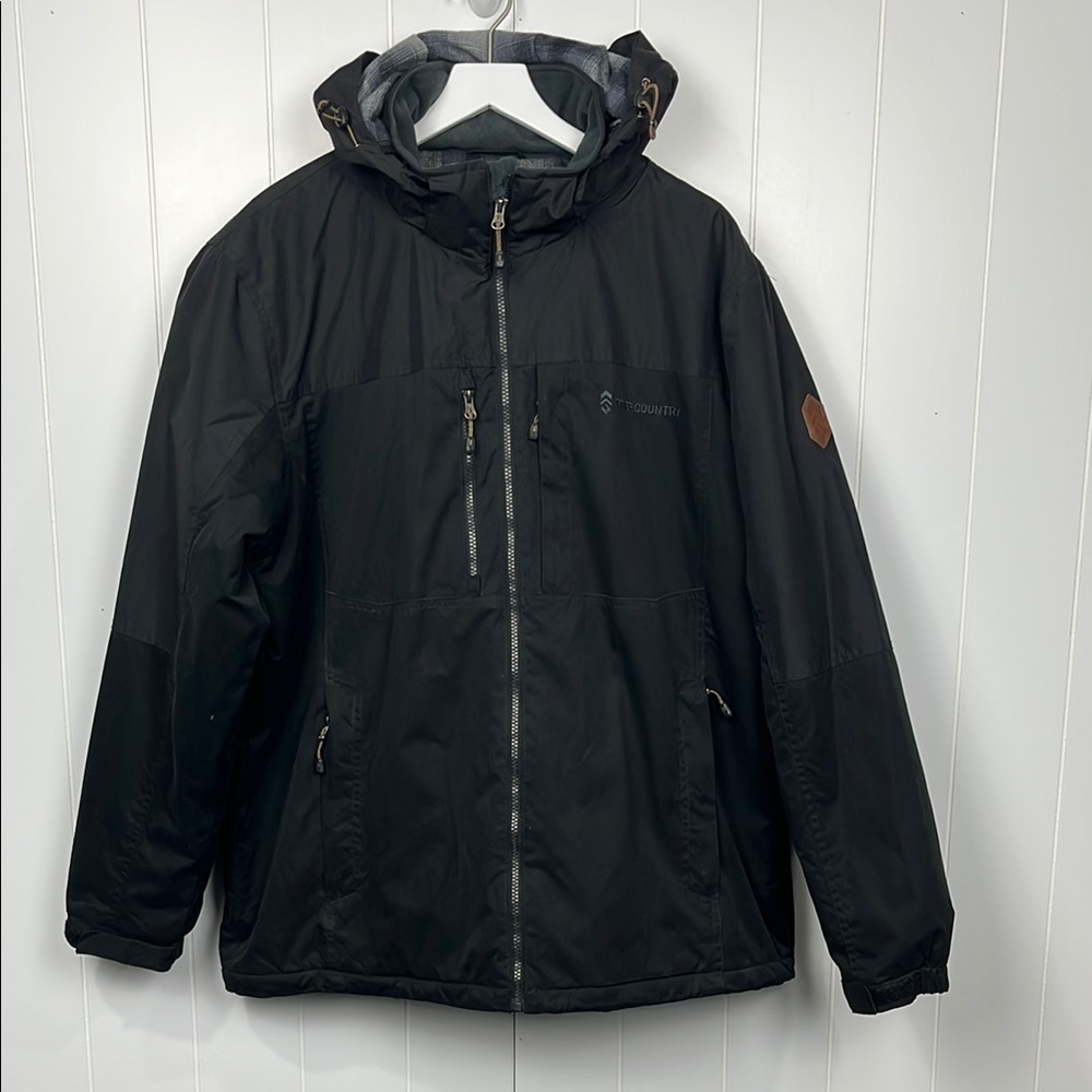 Free Country Mens Coat/Jacket XL 46-48 Black Hood Zip Pockets Quilted Lining EUC